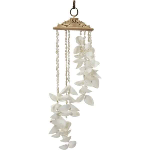 2 White Seashells Wind Chimes with Rattan Hat 4x18" (Set of 2)