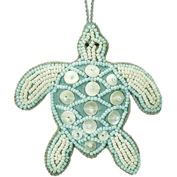 Turtle Mother of Pearl (MOP) and Beaded Ornament 4" Blue/Cream