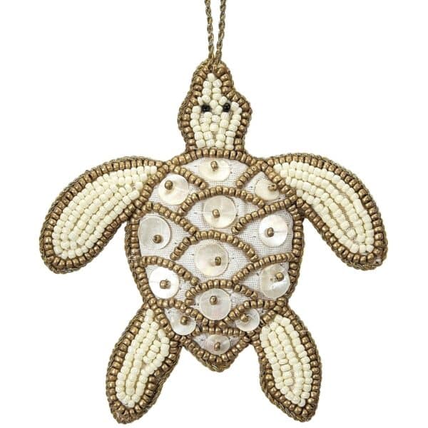 Turtle Mother of Pearl (MOP) and Beaded Ornament 4" Gold/Cream