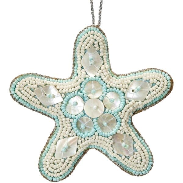 Starfish Mother of Pearl (MOP) and Beaded Ornament 4" Blue/Cream