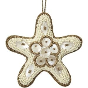 Starfish Mother of Pearl (MOP) and Beaded Ornament 4" Gold/Cream