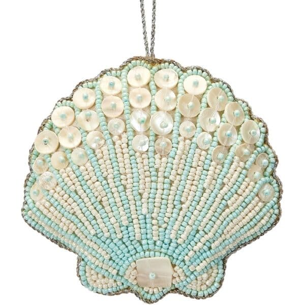 Scallop Mother of Pearl (MOP) and Beaded Ornament 4" Blue/Cream