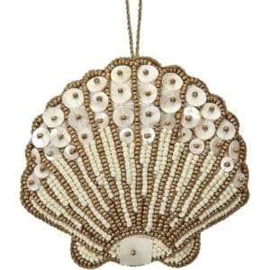 Scallop Mother of Pearl (MOP) and Beaded Ornament 4" Gold/Cream