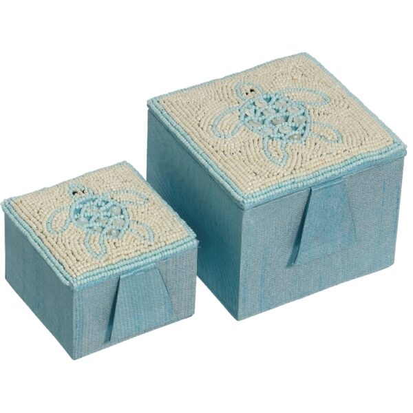 Turtle Mother of Pearl (MOP) and Beads Square Nested Boxes 4" & 3" Blue - Image 2