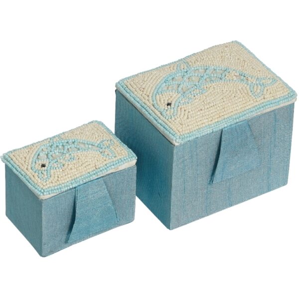 Dolphin Mother of Pearl (MOP) and Beads Rectangular Nested Boxes 4" & 3" Blue - Image 2
