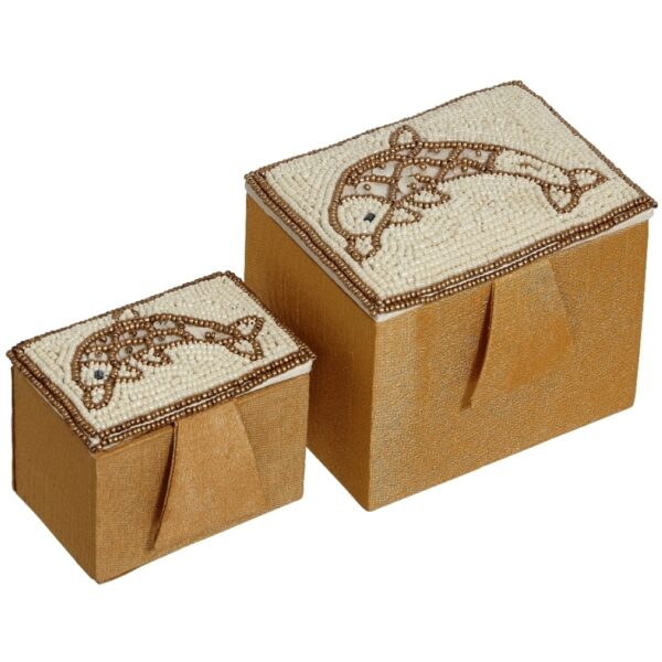 Dolphin Mother of Pearl (MOP) and Beads Rectangular Nested Boxes 4" & 3" Gold - Image 2