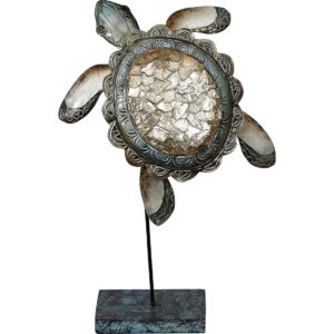 Metal and Capiz Ruffle Turtle on a Stand 11x8" Green/Tan