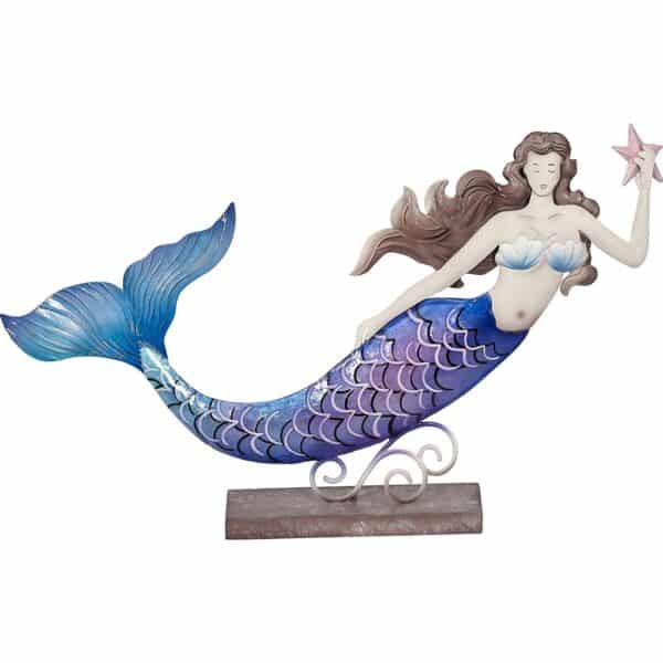 Metal & Capiz Art Swimming Mermaid with Starfish on Stand 16x9" Purple