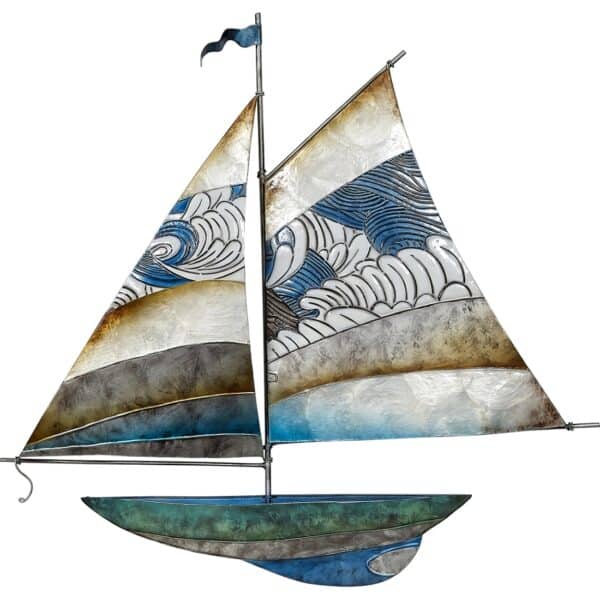 Metal & Capiz Art Waves Sail Sailboat Wall Ornament 22x22"